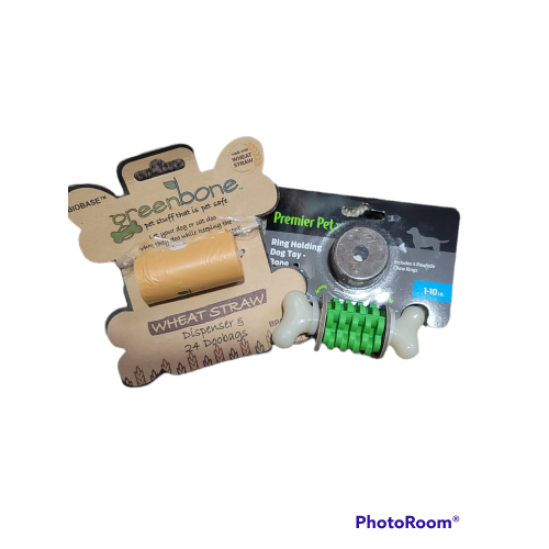 Green bone Doo Bags and Premier Pets Ring Holding Dog Toy Bone with Rawhide Chew Rings 