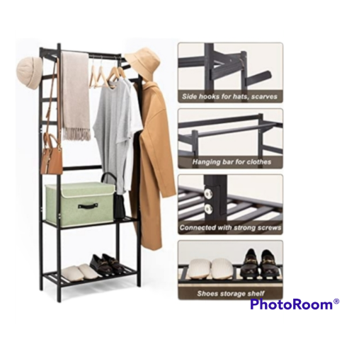 Ultrahaus Entryway Hat and Coat Rack, 3-in-1 Design Hall Tree with Shoe Storage, 2-Tier Storage Shelves for Boxes, Bags and Shoes