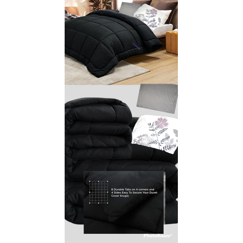 Bedsure Duvet Comforter Black + Reversible Embroidered Sham- All Season Quilted Down Alternative Comforter for Queen/King Bed, 300GSM Mashine Washable Microfiber Bedding Comforter with Corner Tabs