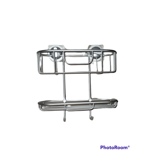 Dual Secure - Adhesive and Suction Cup Wire Organizer Caddy with 2 Shelves, and 2 Hooks