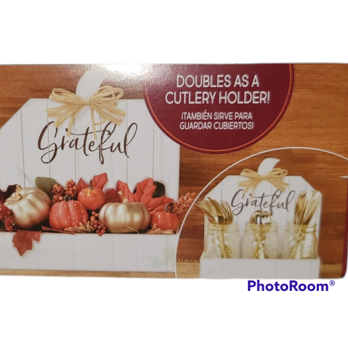 "Grateful" Pumpkin Wooden Centerpiece, Wall Shelf, Cutlery Holder 