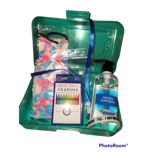 Tie dye Back to School Bundle Hand Sanitizer, Mask, 24 pack Crayons, Snap Case, Band