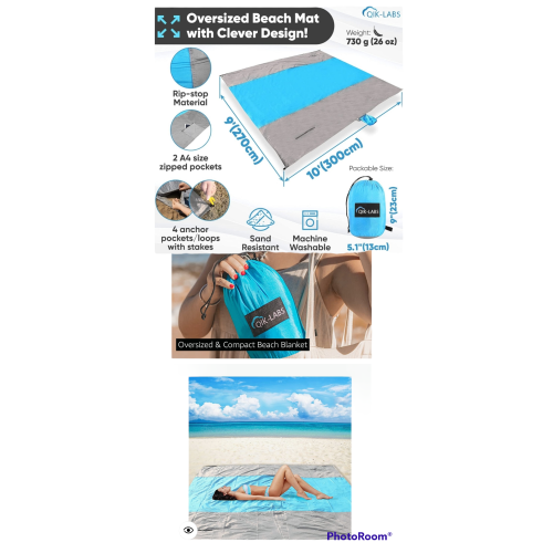 QIK LABS Extra Large Beach Blanket, Sand Proof Beach Blanket, Beach Sand Blanket for Beach Sandproof Beach Sand Free Beach Blanket Sandproof Beach Blanket Sand Falls Through Sandless Sand Resistant Beach Mat