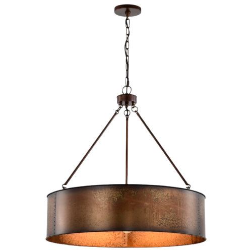 Luyster 5 - Light Unique Drum Chandelier Large Pendant with a transitional-rustic design features a Weathered Brass finish and a metal drum shade