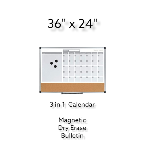 MasterVision Magnetic Dry Erase Monthly Calendar Planner Push Pin Corkboard Combo with Marker Tray, 24" x 36", Gray Plastic Frame, White,  3 in 1 Calendar Dry Erase, Bulletin Board, Magnetic 