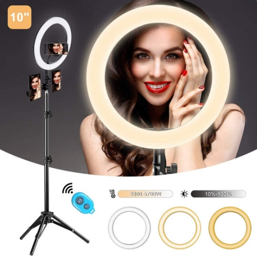 MountDog 10” Selfie Ring Light with Tripod Stand and 3 Phone Holder for TikTok/YouTube/Photography/Live/Makeup10 inch Ring Light + Tripod and Remote -Brand New